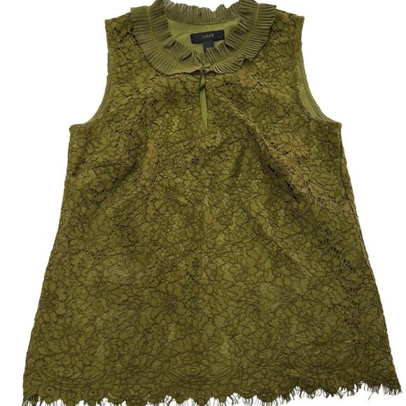 J.Crew Top Womens Petite X Small Green Lace Ruffle Neck Blouse - Picture 2 of 8